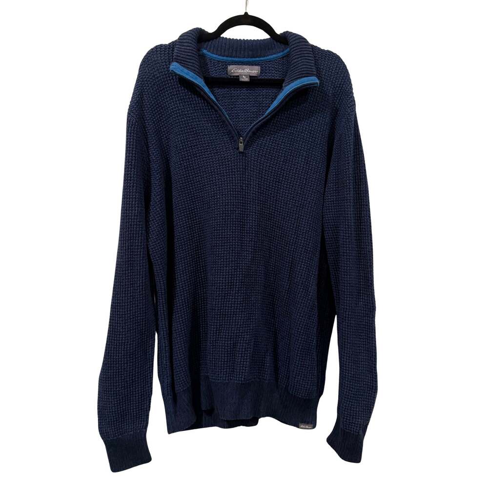Eddie Bauer Blue Waffle Knit Quarter Zip Sweater Size 2XL Tall Preppy Layers